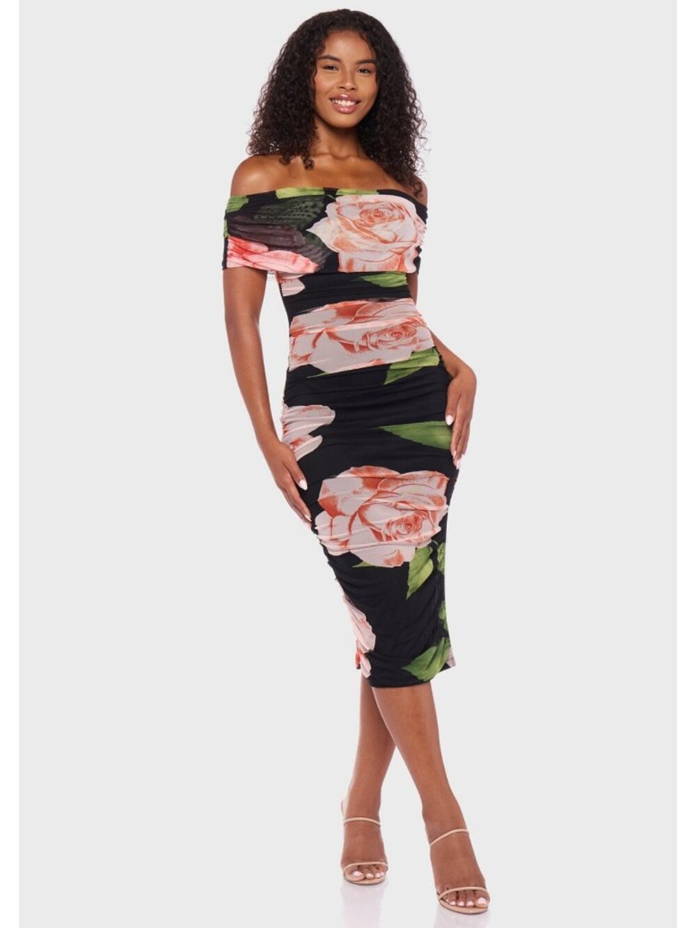 Floral Off-Shoulder Midi Dress By B. Darlin - Black & Peach - Ruched Design - XS